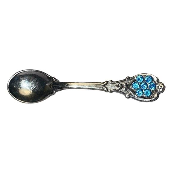 Vintage Miniature Spoon Brooch Silver Tone Metal Blue Rhinestone Crystal Pin - Picture 2 of 4